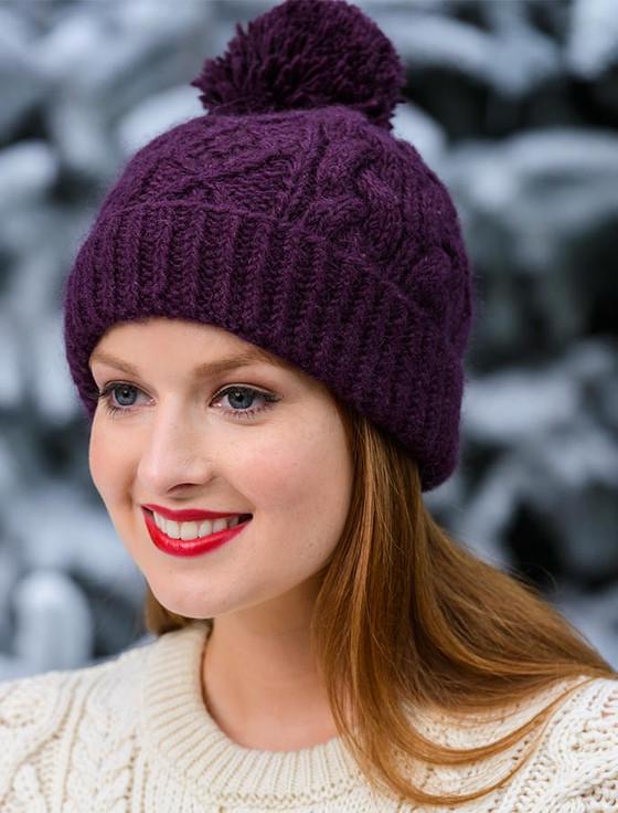 Aran Cashmere Aran Fleece Lined Rib Cap With Pom