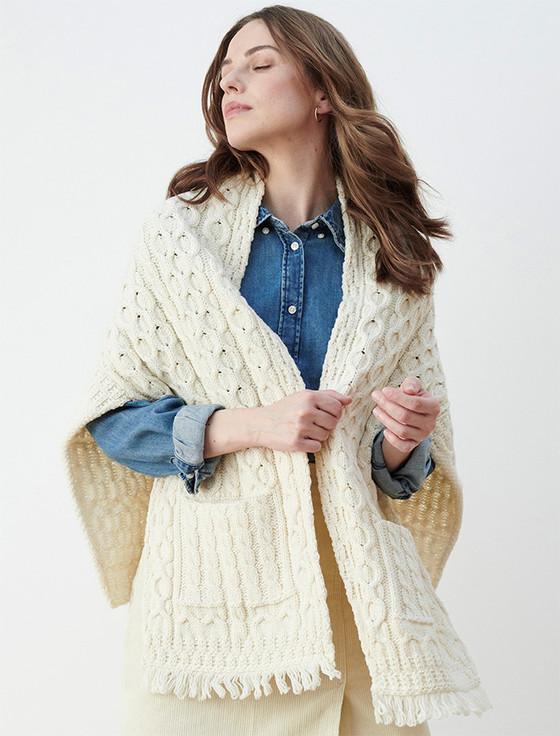 Aran Cashmere Aran Shawl Wrap With Pockets‎