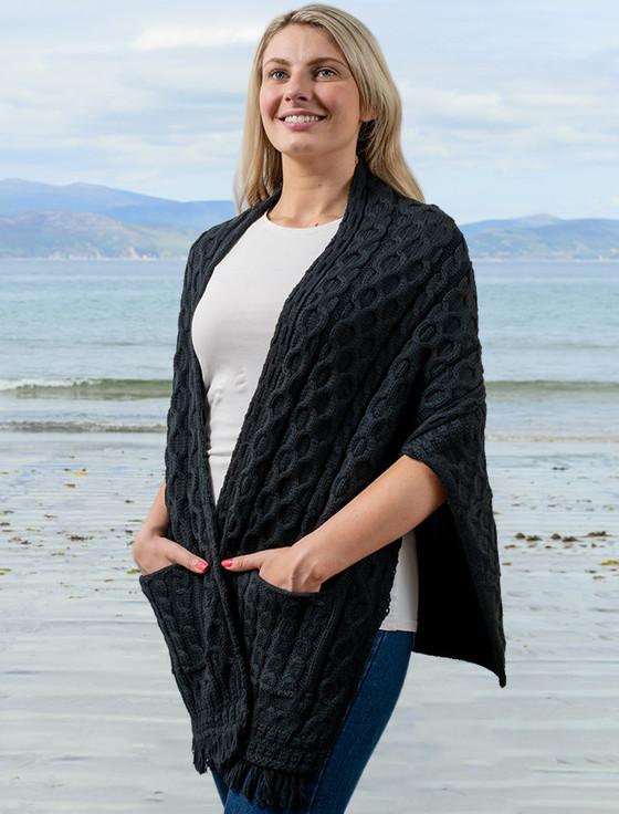 Aran Cashmere Aran Shawl Wrap With Pockets‎‎