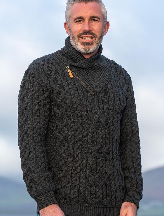 aran cashmere ‎Aran Zip Shawl N‎eck Sweat‎er