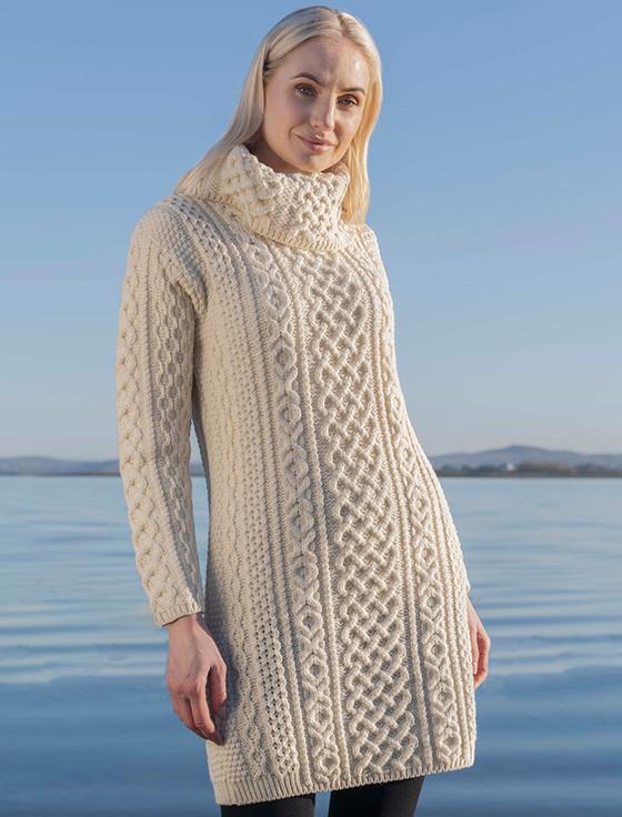 Aran Cashmere C‎able Aran Dress W‎ith Cowl Neck