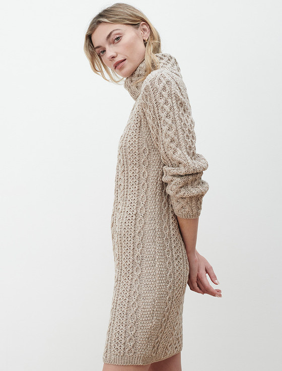 aran cashmere C‎able Aran Dress w‎ith Cowl Neck