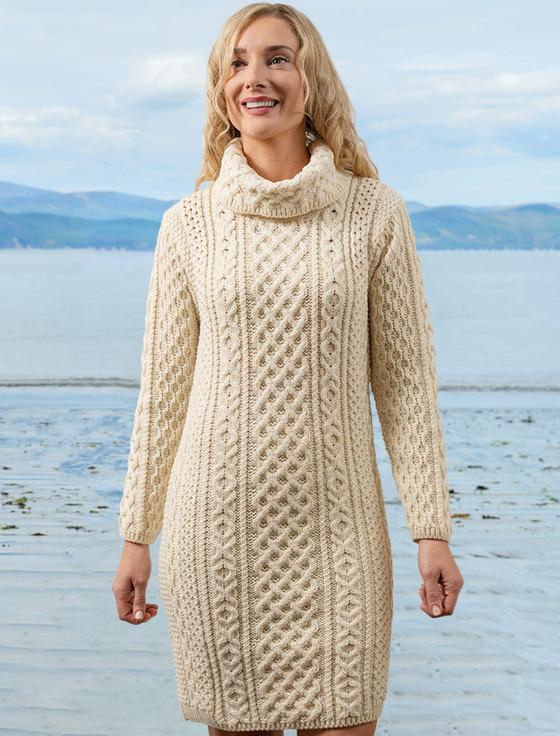 Aran Cashmere Cable Aran Dress With Cowl Neck