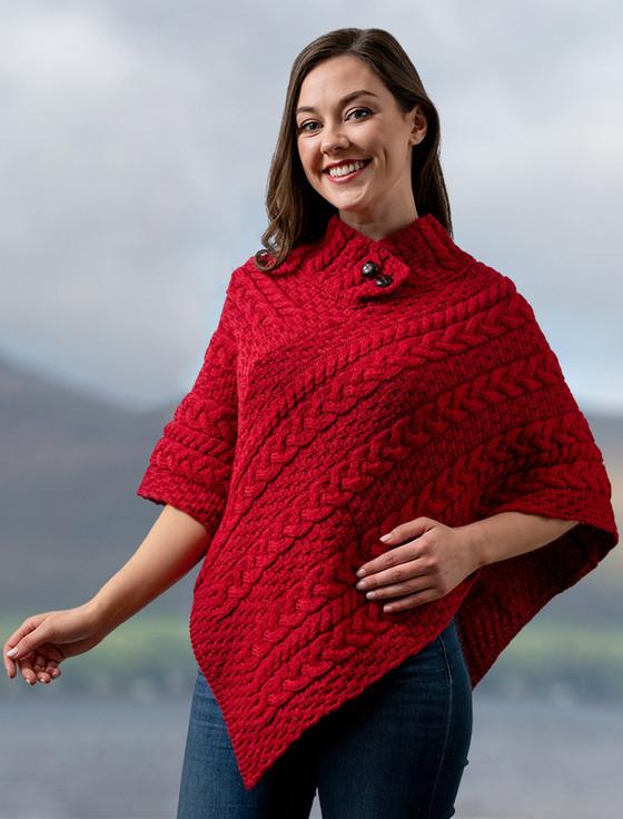 Aran Cashmere Cable Aran Poncho With Button Detail