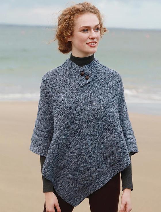 Aran Cashmere Cable Aran Poncho With Button Detail‎