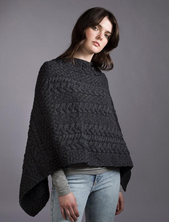 Aran Cashmere Cable Aran Poncho With Button Detail‎‎‎‎‎‎
