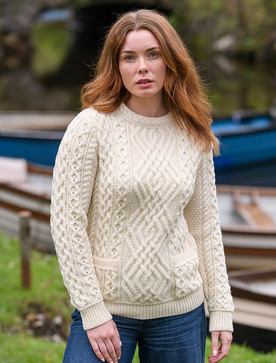 Aran Cashmere Cable Crew Neck Sweater With Pockets