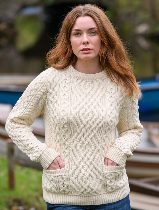 Aran Cashmere Cable Crew Neck Sweater With Pockets