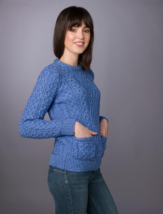Aran Cashmere Cable Crew Neck Sweater With Pockets