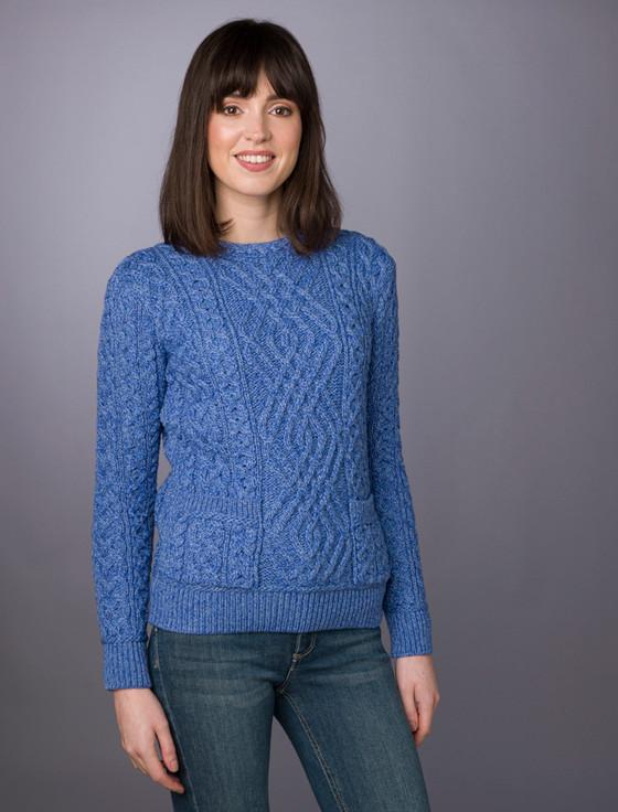 aran cashmere Cable Crew Neck Sweater with Pockets‎