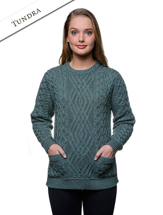 Aran Cashmere Cable Crew Neck Sweater With Pockets
