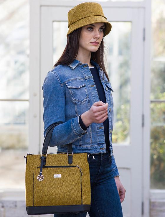 Aran Cashmere Ciara Tweed & Leather Bag - Mustard