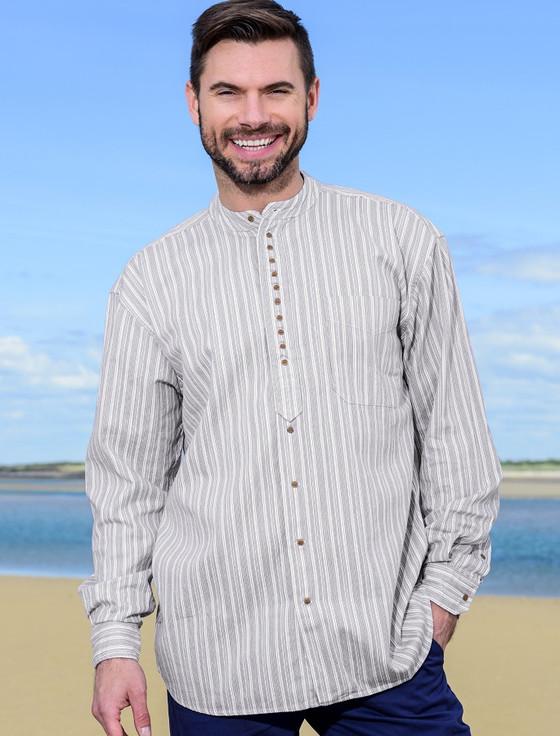 Aran Cashmere Cotton Grandfather Shirt - Grey Stripe