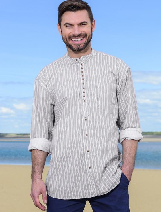 aran cashmere Cotton Grandfather Shirt - Grey Stripe