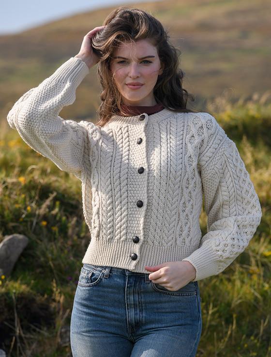 aran cashmere Cropped Wool Aran Cardigan