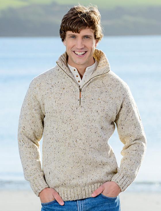 Aran Cashmere Donegal Tweed Half Zip Sweater