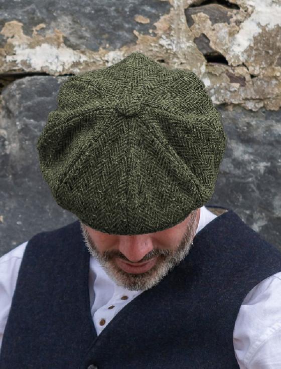 Aran Cashmere Donegal Tweed Mens Gatsby Cap - Green