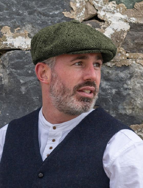 aran cashmere Donegal Tweed Mens Gatsby Cap - Green