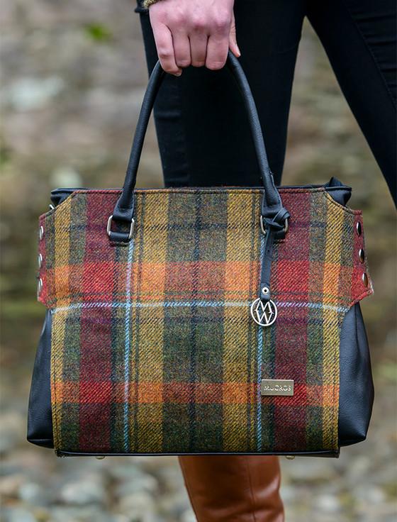 aran cashmere Emily Tweed & Leather Bag - Autumn Plaid