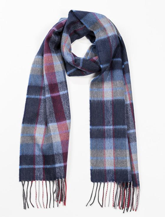 Aran Cashmere Fine Merino Plaid Scarf - Navy Sky Red