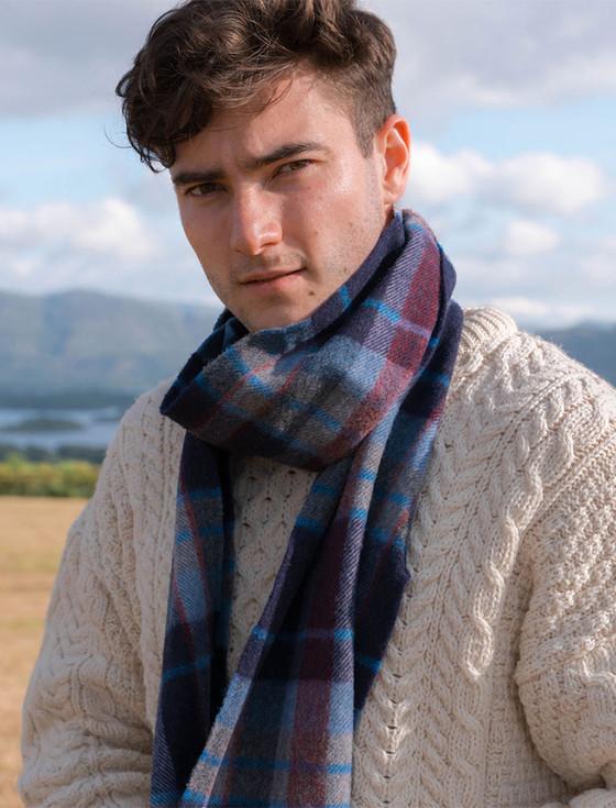 aran cashmere Fine Merino Plaid Scarf - Navy Sky Red