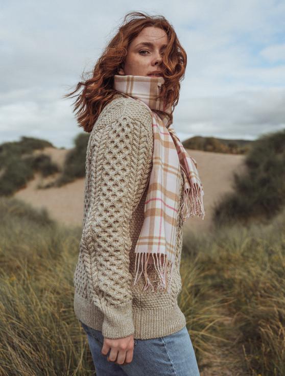 Aran Cashmere Fine Merino Plaid Scarf - Pink Camel