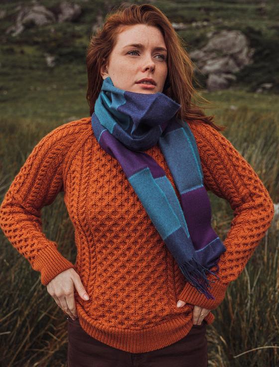 Aran Cashmere Fine Merino Plaid Scarf - Purple Teal