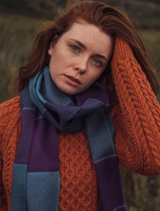 Aran Cashmere Fine Merino Plaid Scarf - Purple Teal