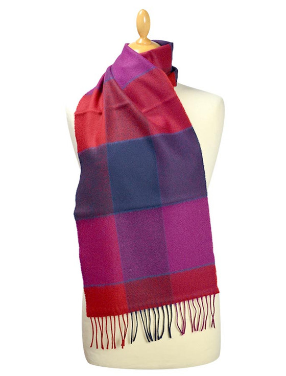 Aran Cashmere Fine Merino Plaid Scarf - Red Fushia