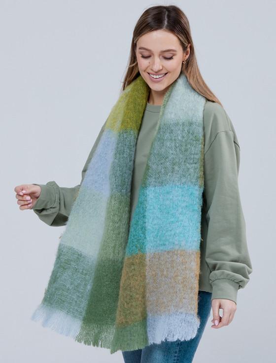 Aran Cashmere Giant Mohair Scarf - Blue Green Block