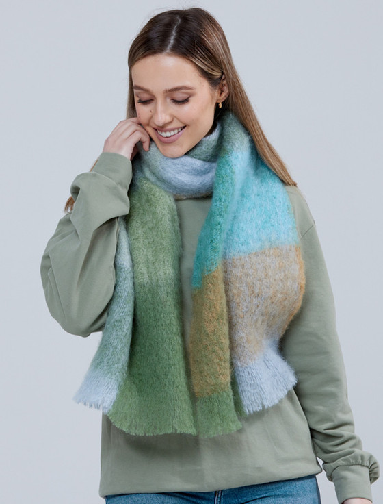 aran cashmere Giant Mohair Scarf - Blue Green Block