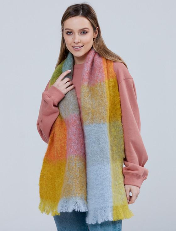Aran Cashmere Giant Mohair Scarf - Gold Blue Block