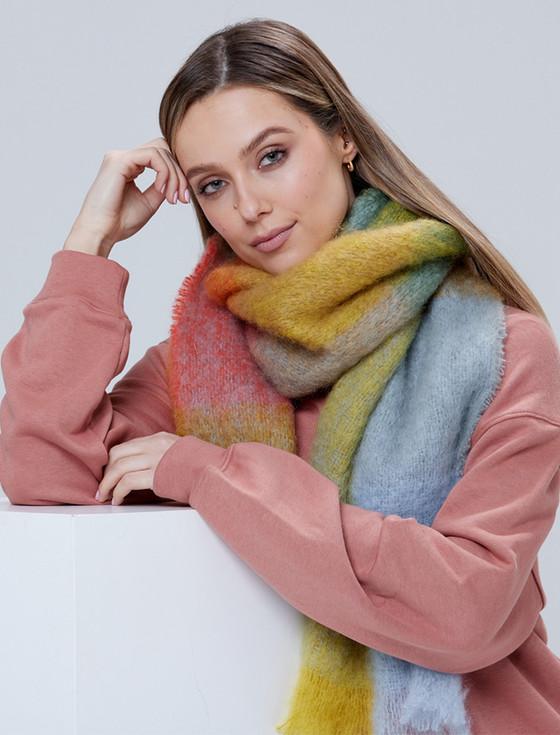Aran Cashmere Giant Mohair Scarf - Gold Blue Block