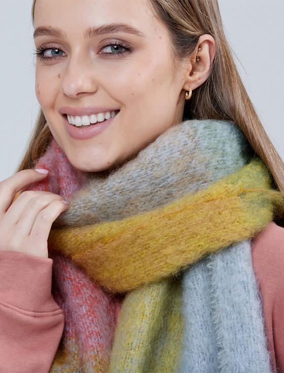 Aran Cashmere Giant Mohair Scarf - Gold Blue Block