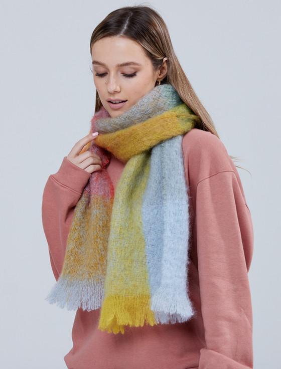 aran cashmere Giant Mohair Scarf - Gold Blue Block