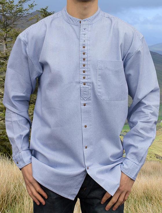 aran cashmere Grandfather Shirt - Blue Pin Stripe