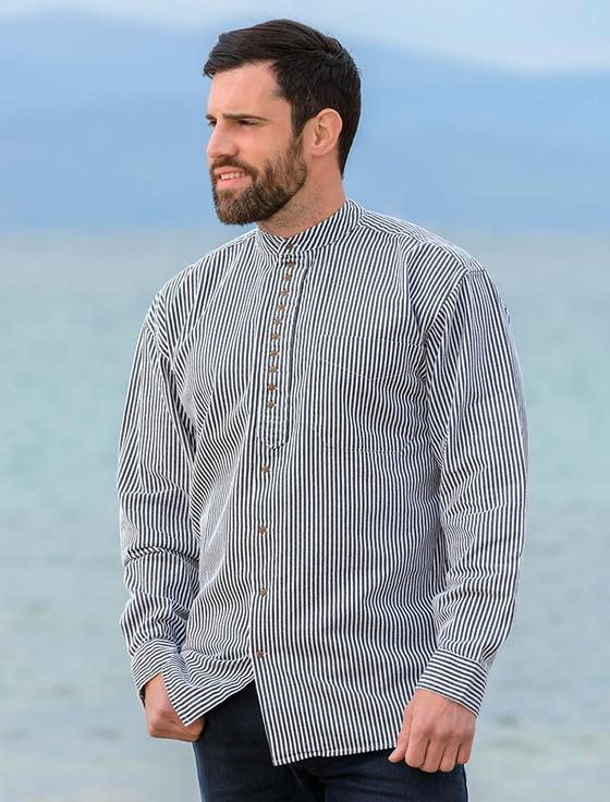 aran cashmere Grandfather Shirt - Navy Stripe