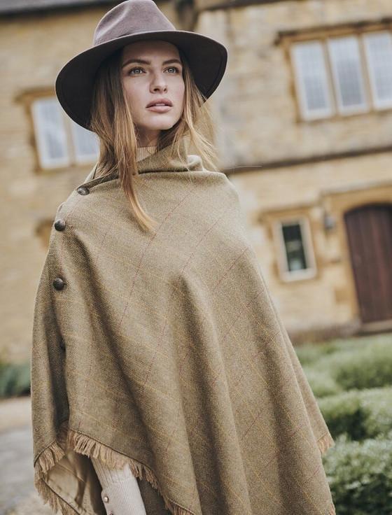 Aran Cashmere Hazelwood Pure Wool Tweed Poncho - Elm