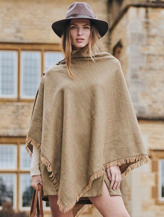 aran cashmere Hazelwood Pure Wool Tweed Poncho - Elm