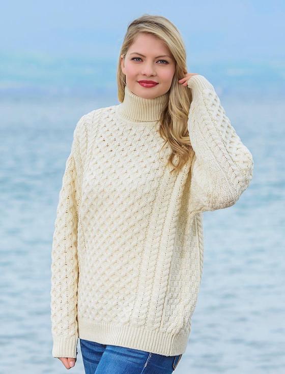 Aran Cashmere Honeycomb Turtleneck Aran Sweater