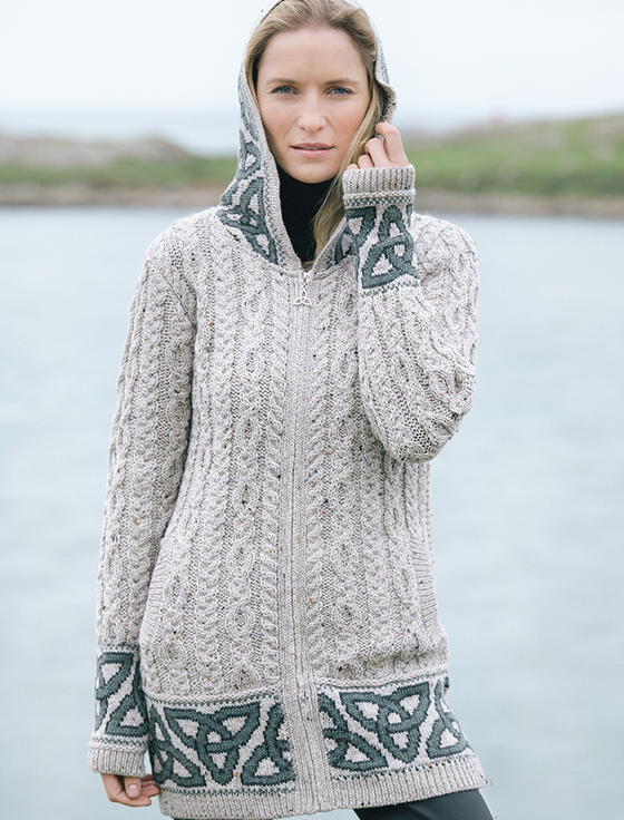 Aran Cashmere Hooded Celtic Jacquard Zip Aran Coat