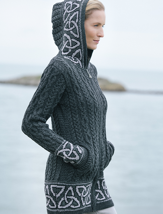 Aran Cashmere Hooded Celtic Jacquard Zip Aran Coat