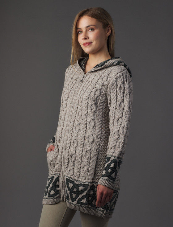 aran cashmere Hooded Celtic Jacquard Zip Aran Coat