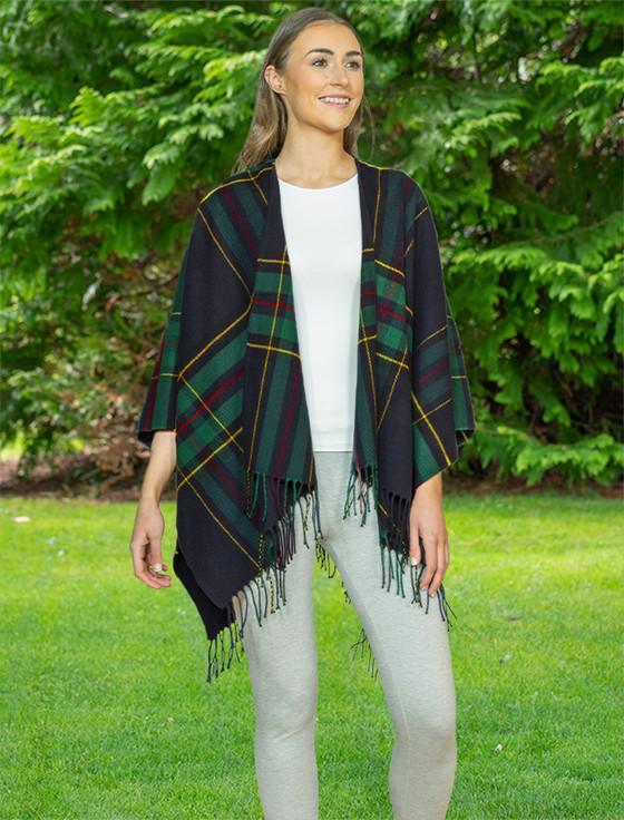 Aran Cashmere Irish Fringed Shawl - Green & Navy Plaid