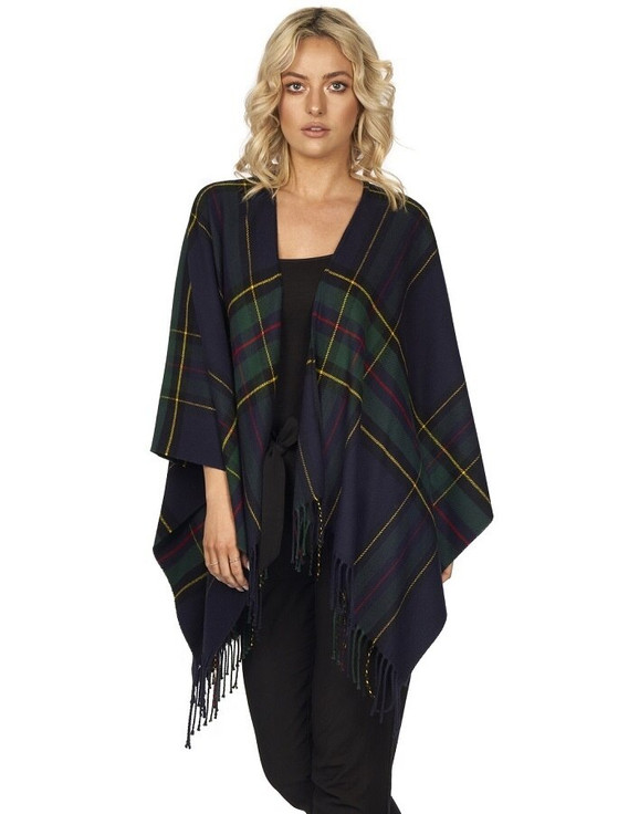 Aran Cashmere Irish Fringed Shawl - Green & Navy Plaid