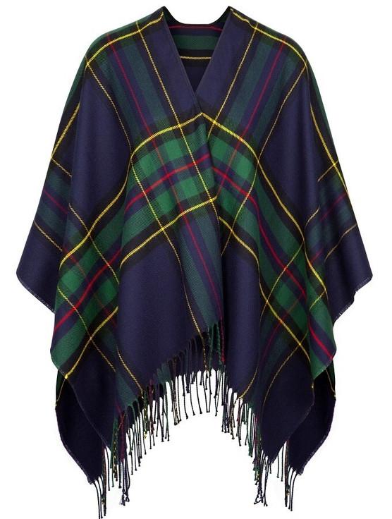 Aran Cashmere Irish Fringed Shawl - Green & Navy Plaid