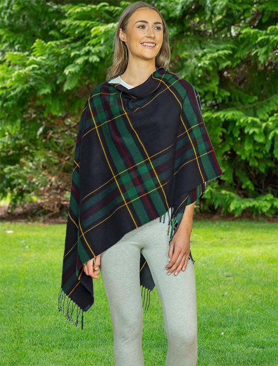 aran cashmere Irish Fringed Shawl - Green & Navy Plaid