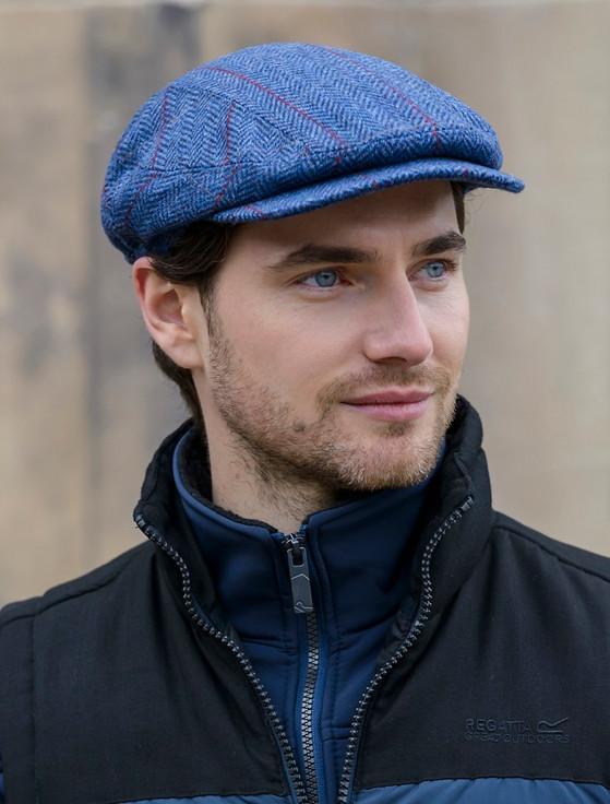 aran cashmere Kerry Tweed Flat Cap - Blue with Red