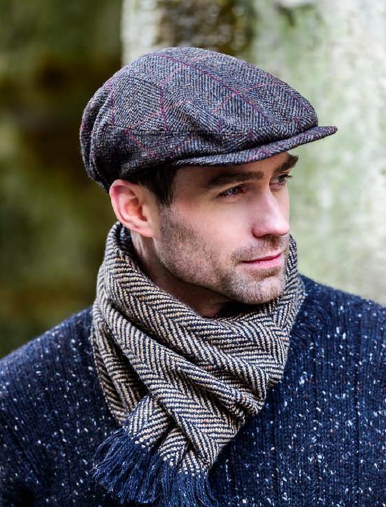 aran cashmere Kerry Tweed Flat Cap - Brown with Red