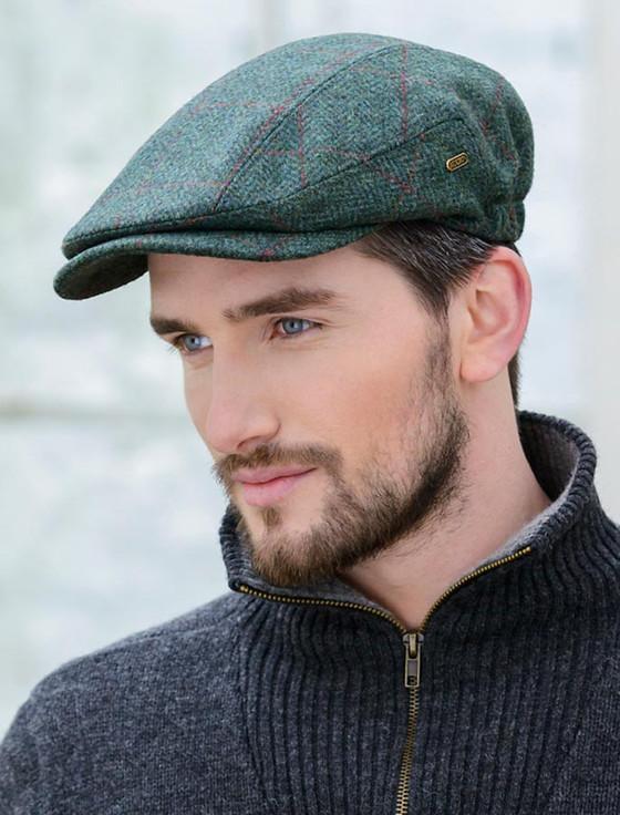 aran cashmere Kerry Tweed Flat Cap - Green with Red